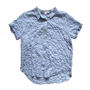 California Tailor Button Down Shirt Womens Small Blue Short Sleeve Cotton Ruched